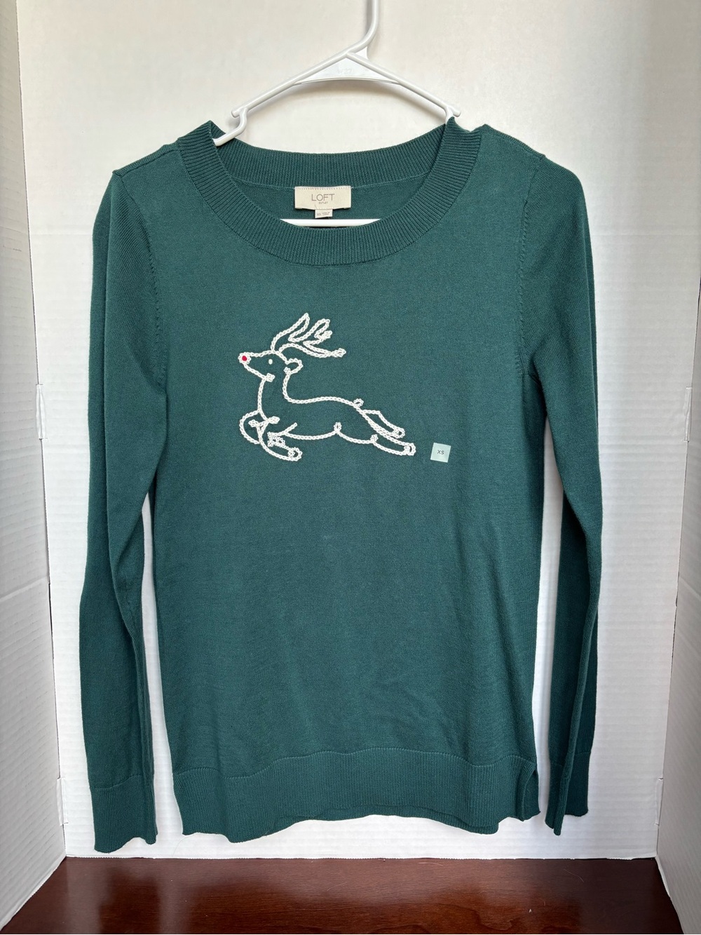 NWT LOFT Dark Green Sweater with White Reindeer and Red Nose